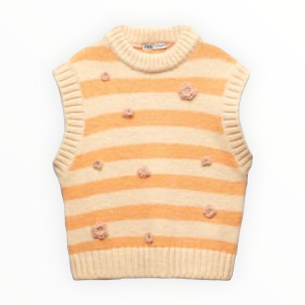ZARA Orange Cream Striped Floral Knit Vest NWT Size L Textured Sweater Vest - Picture 2 of 9